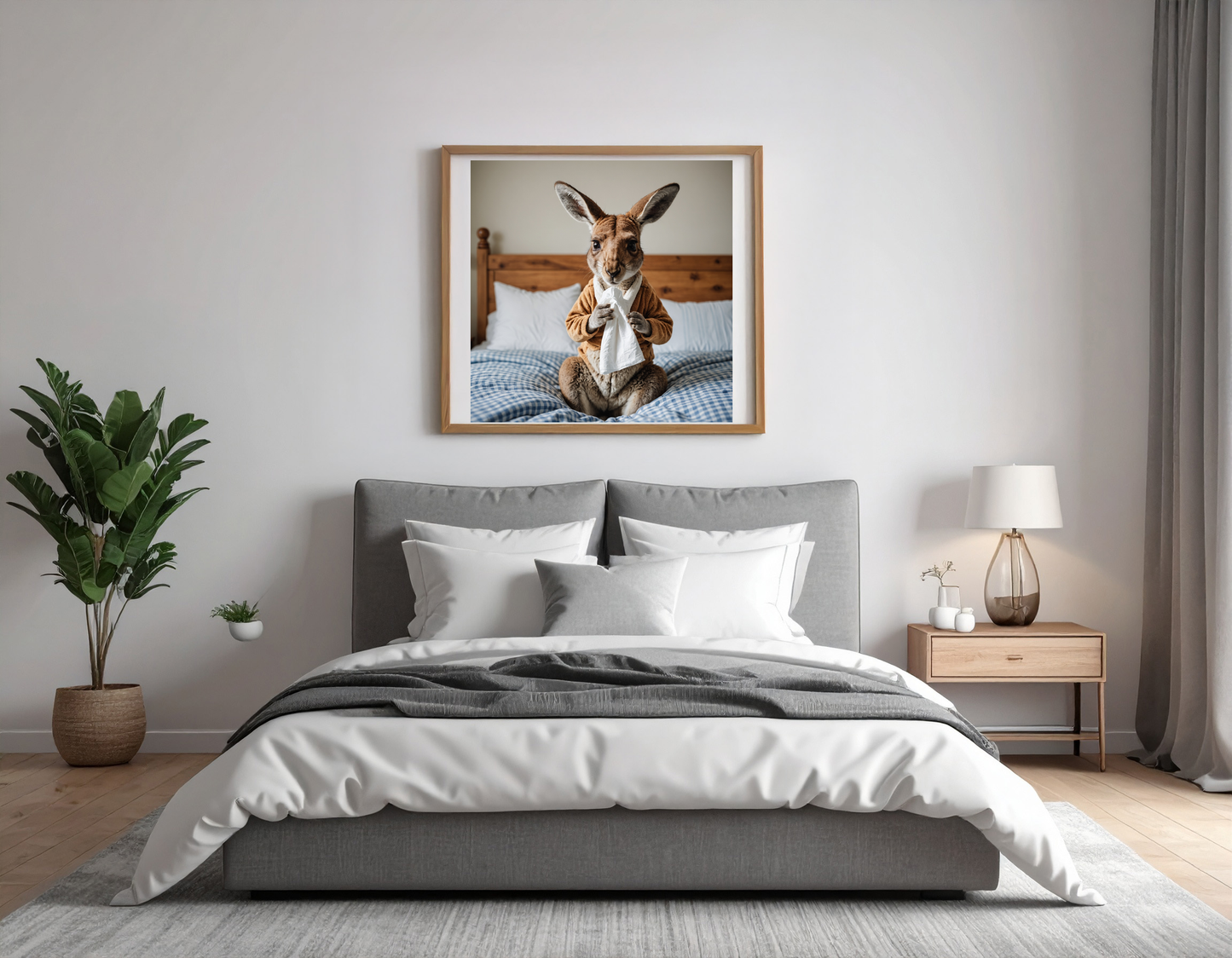 Kangaroo in pyjama in bed blowing its nose with a tissue