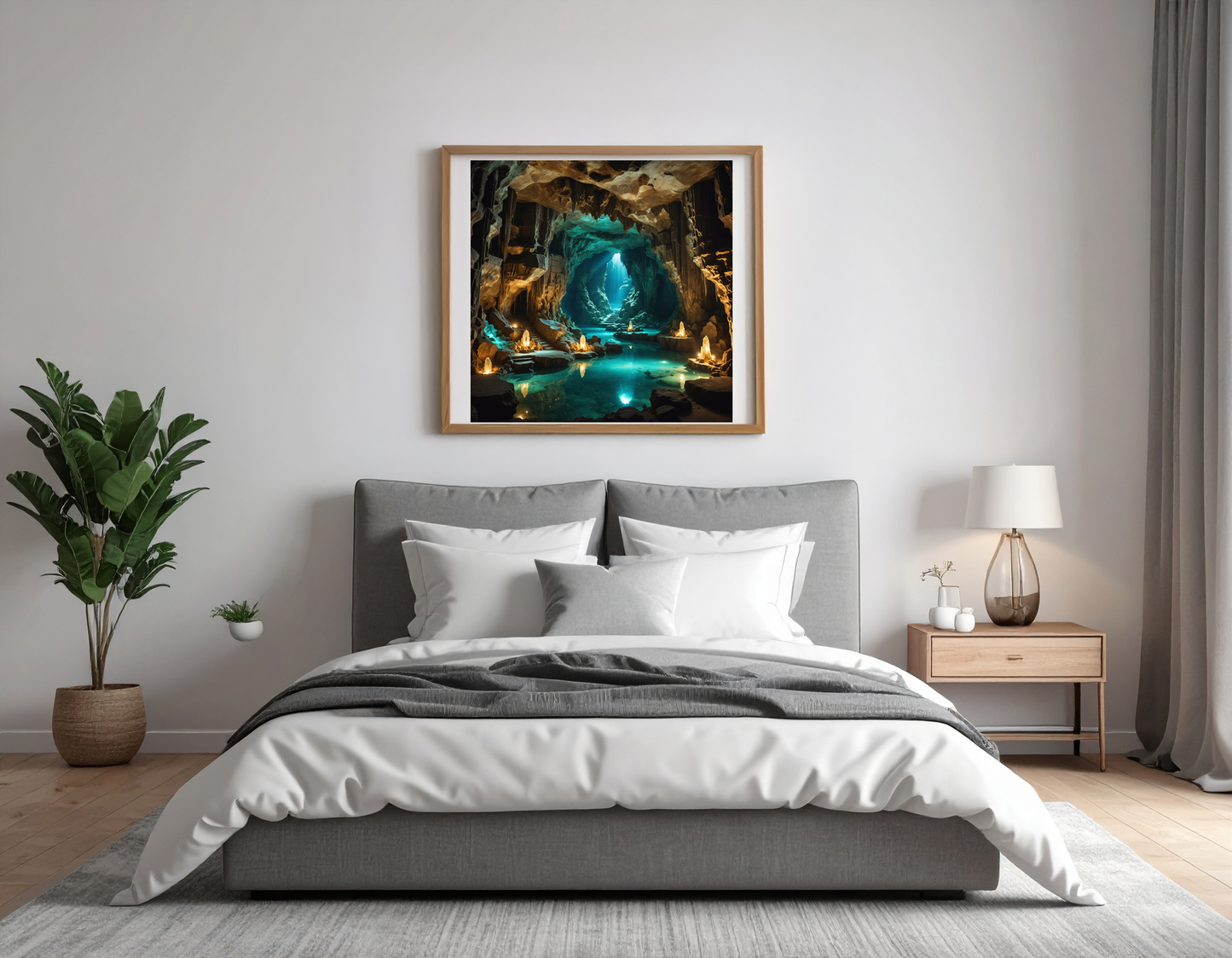 Mystical cave glowing with crystals, underground lake and ancient carvings, fantasy lighting