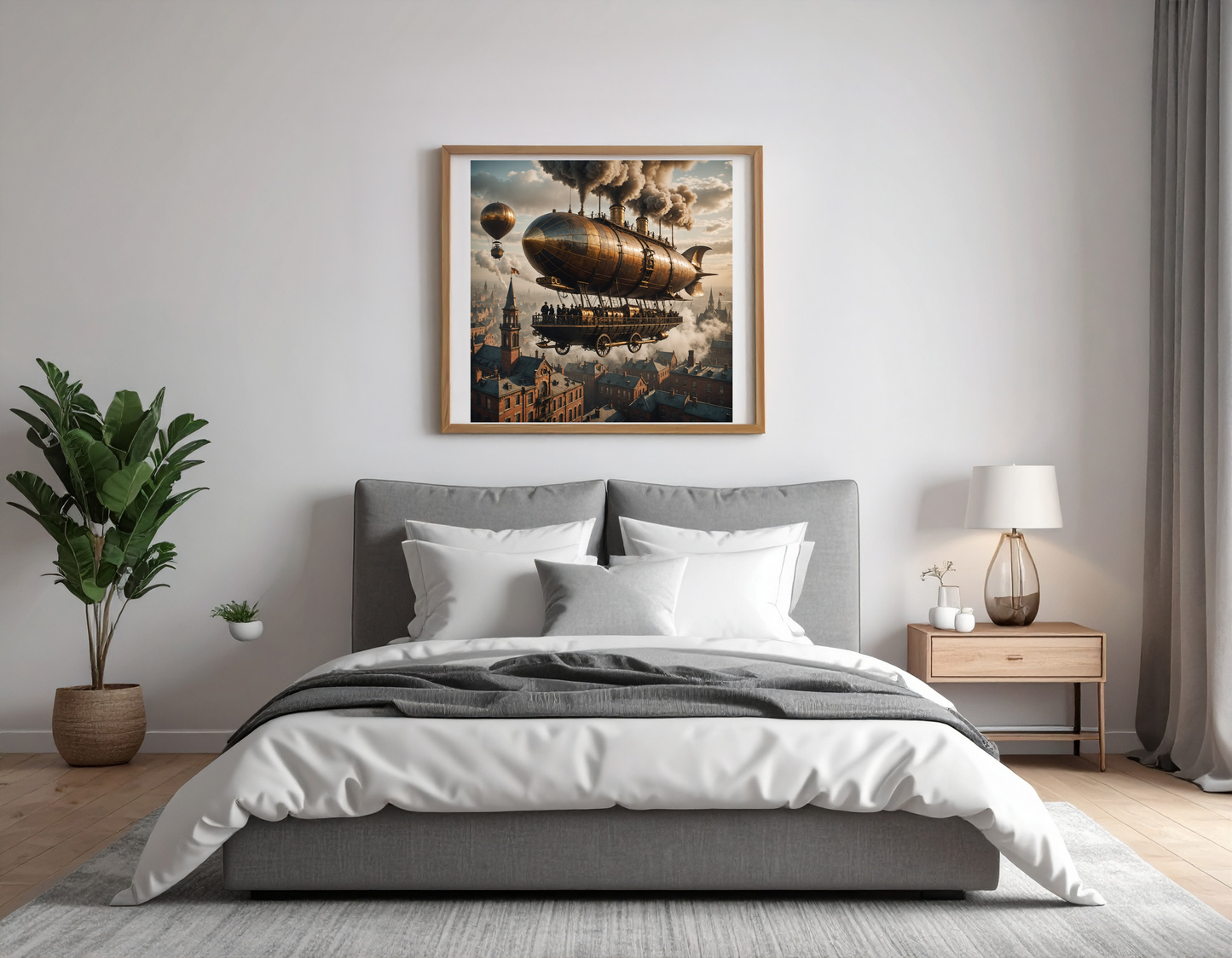 A Victorian-era airship floating above a foggy cityscape, brass gears and smokestacks everywhere, warm tones, steampunk style