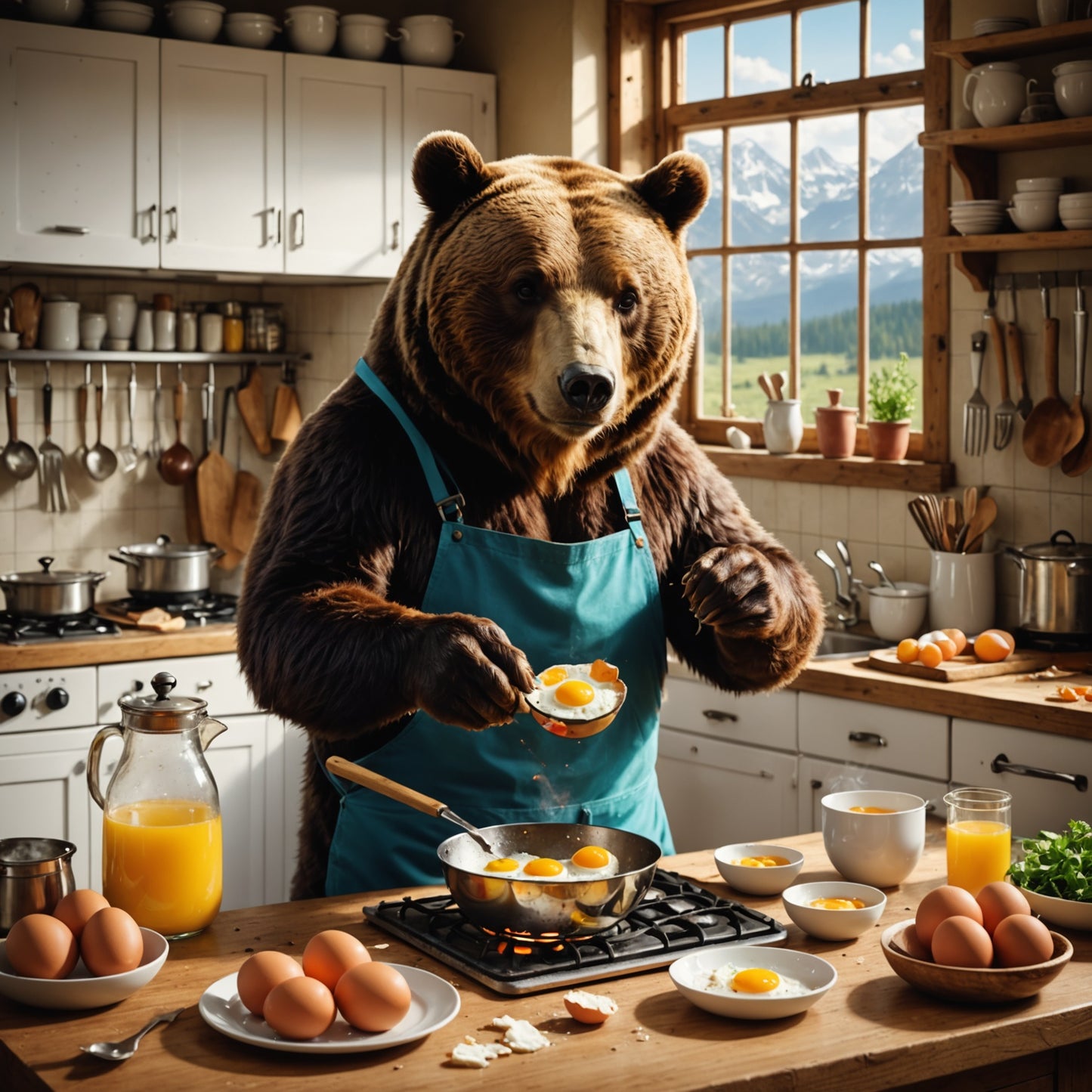 Bear cooking eggs in the kitchen