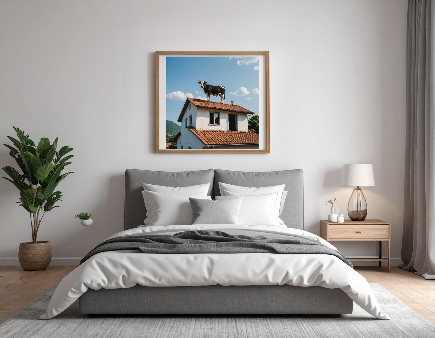 Cow standing on the roof of a house