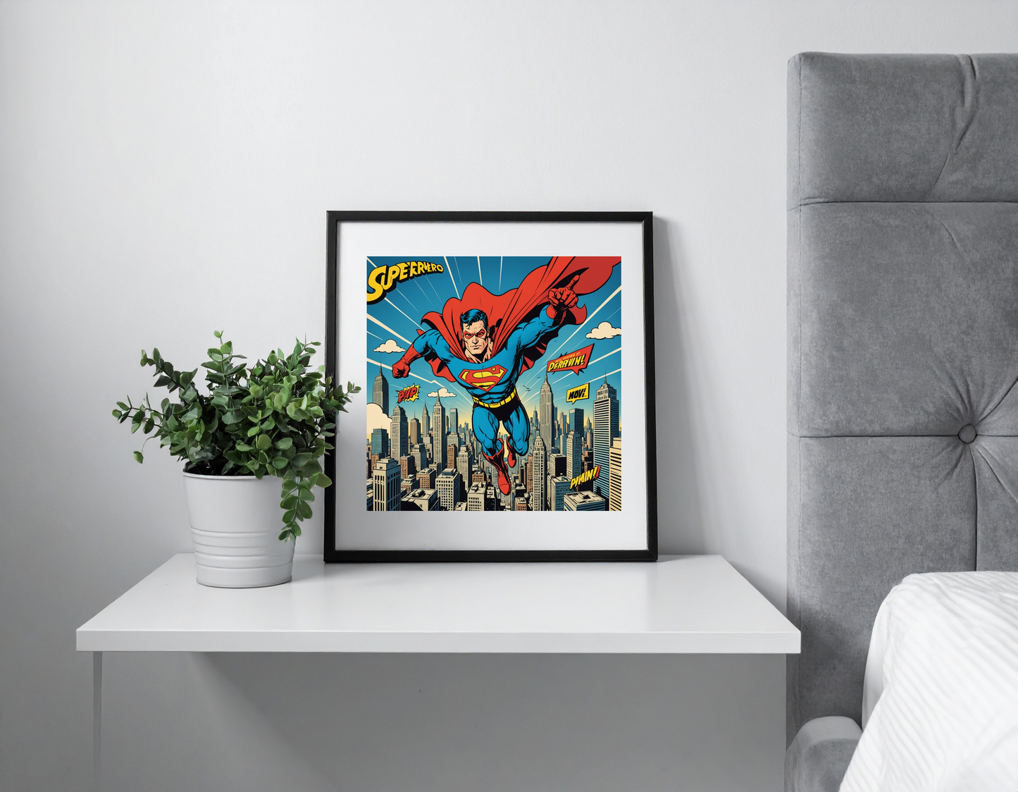 Superhero in pop art style flying above the city, comic text elements, bold design
