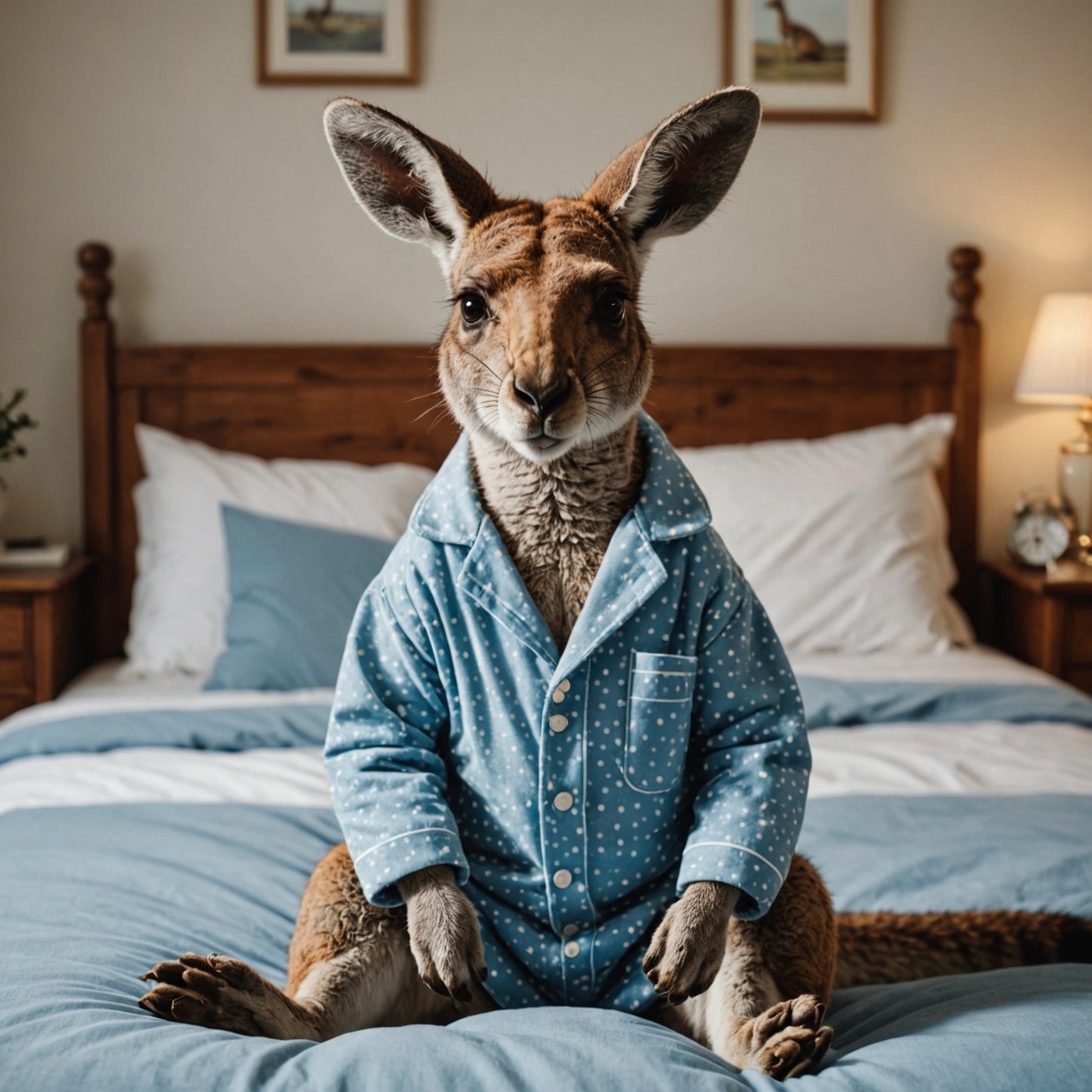 Kangaroo in pyjama in bed being sick