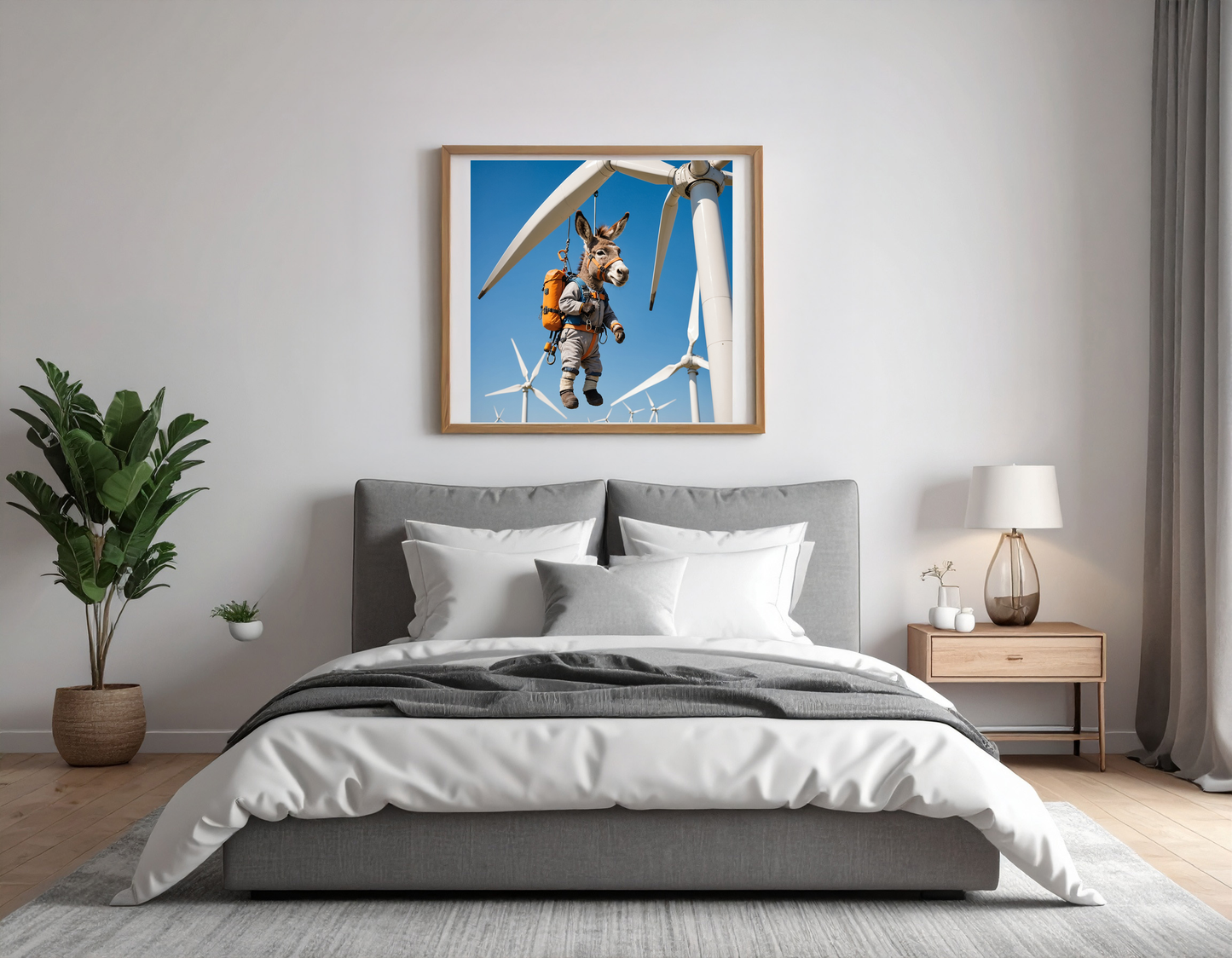 Cute donkey in safety climbing equipment hanging from a wind turbine