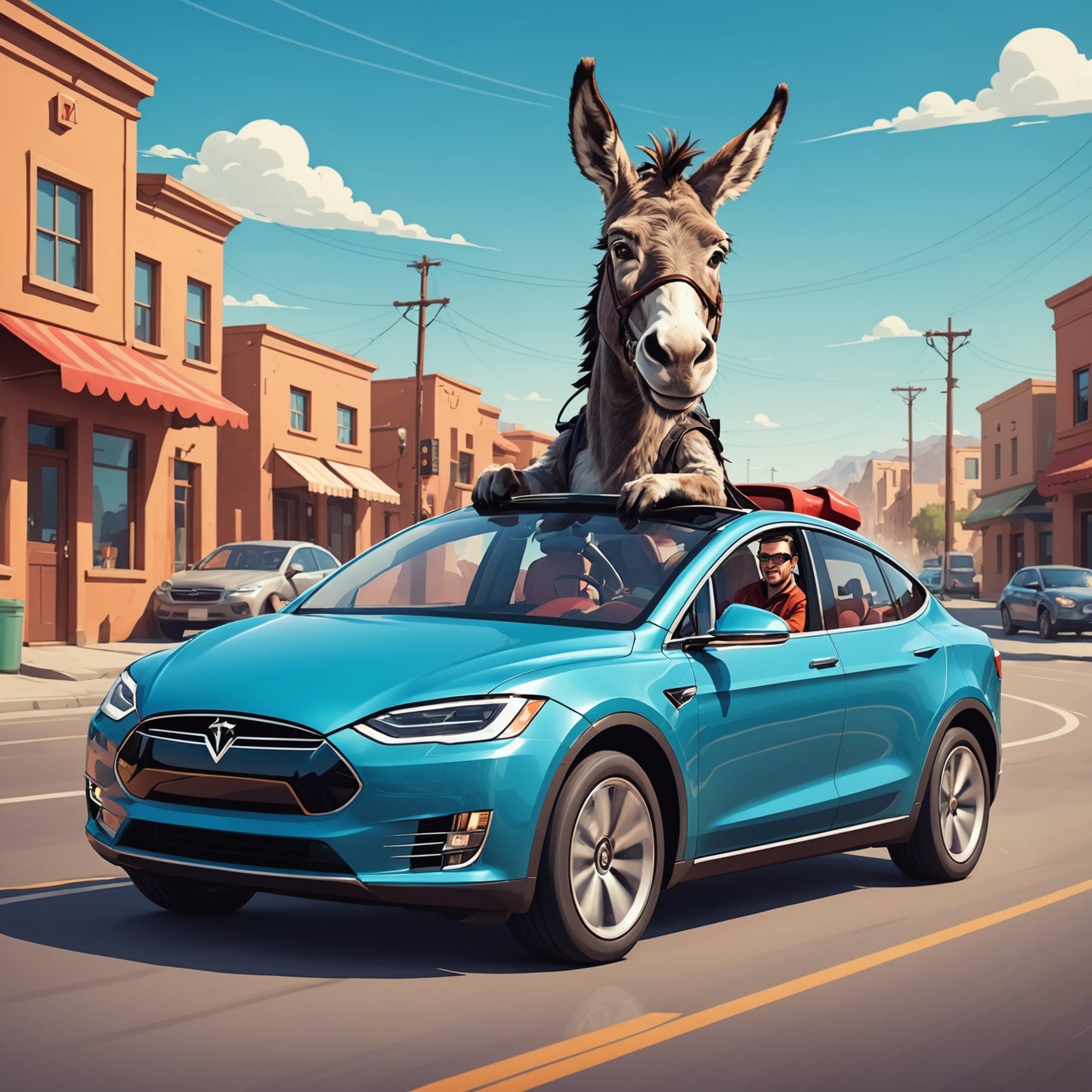 Donkey driving a tesla car