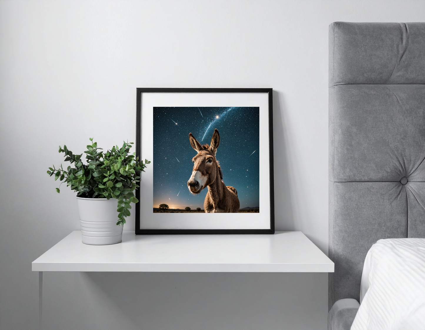 Donkey with its head facing the sky full of Starts and a Shooting star