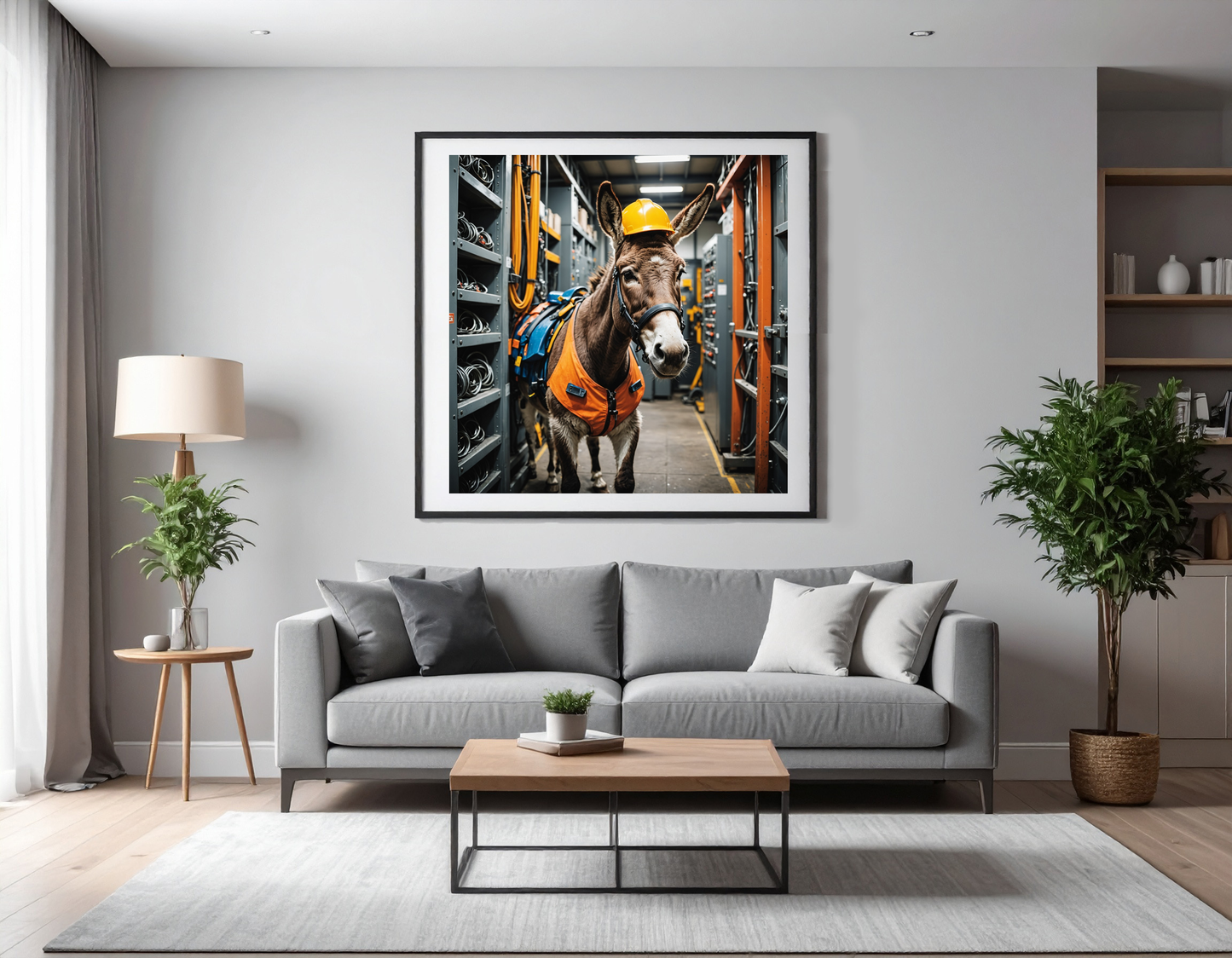 Cute donkey in safety climbing equipment working in a machine room