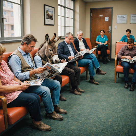 Donkey Reading magazine sitting with other people in an administrative waiting room on chairs Reading magazines