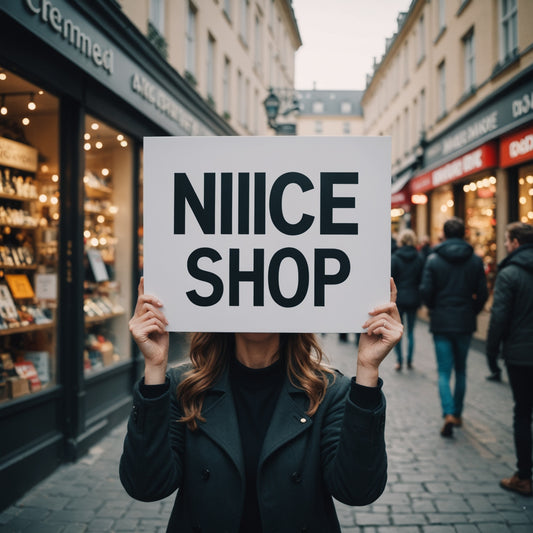 A woman holding a sign saying "NICE SHOP!"