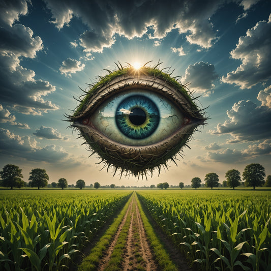 A giant eye opening in the sky above a quiet field, strange atmosphere, symbolic dreamscape