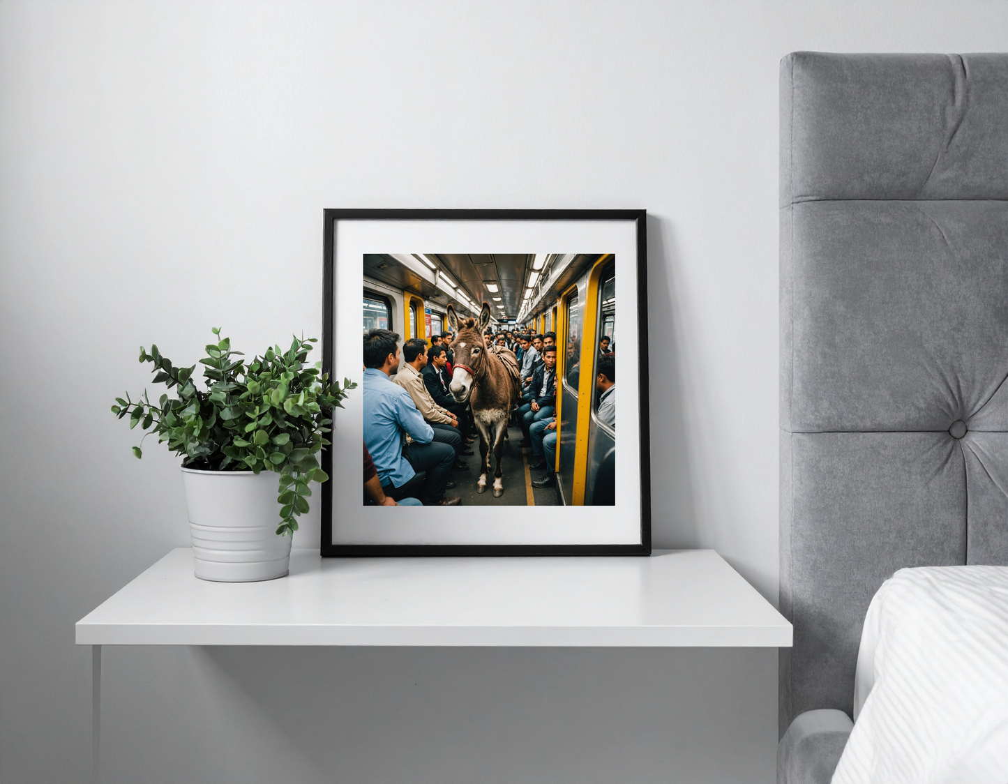 Donkey commuting to work in a train with other commuters