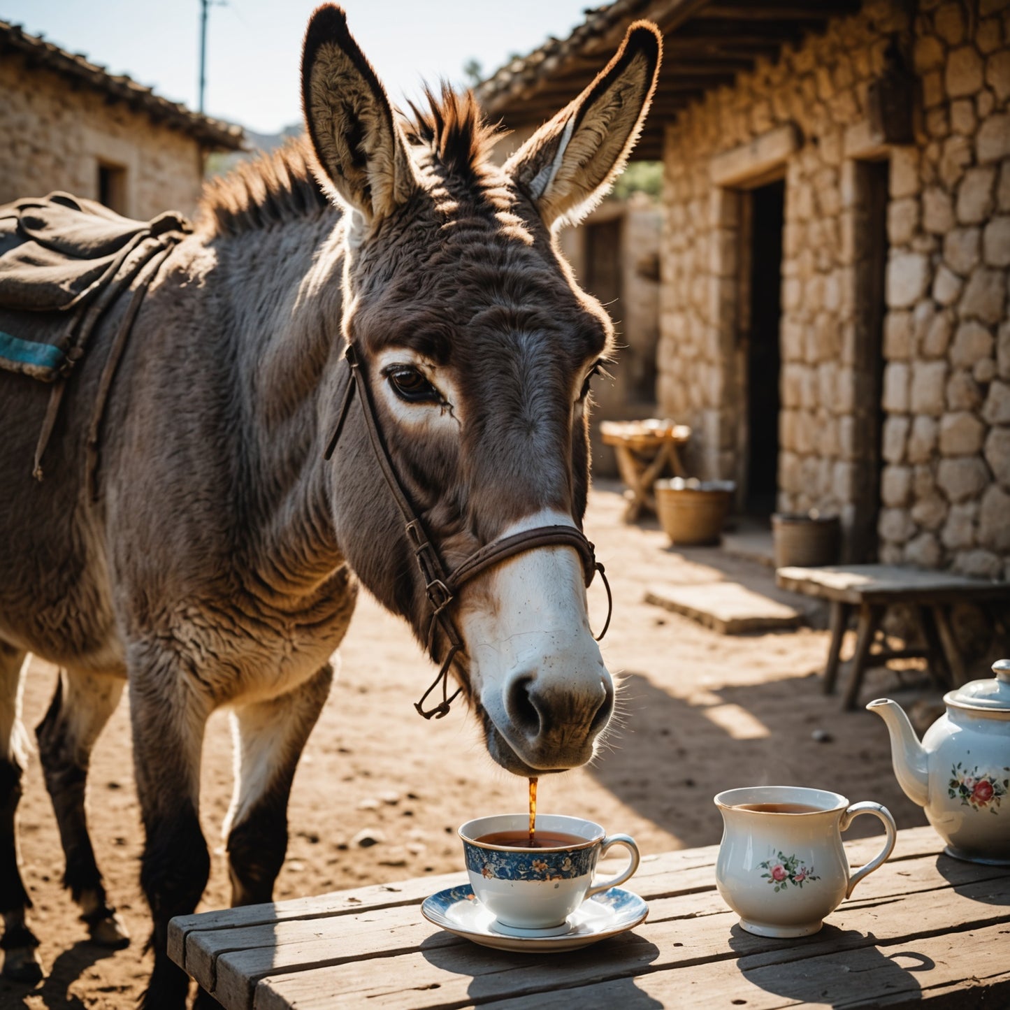 Donkey drinking tea