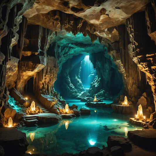 Mystical cave glowing with crystals, underground lake and ancient carvings, fantasy lighting