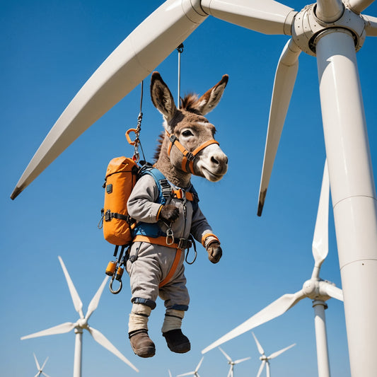 Cute donkey in safety climbing equipment hanging from a wind turbine