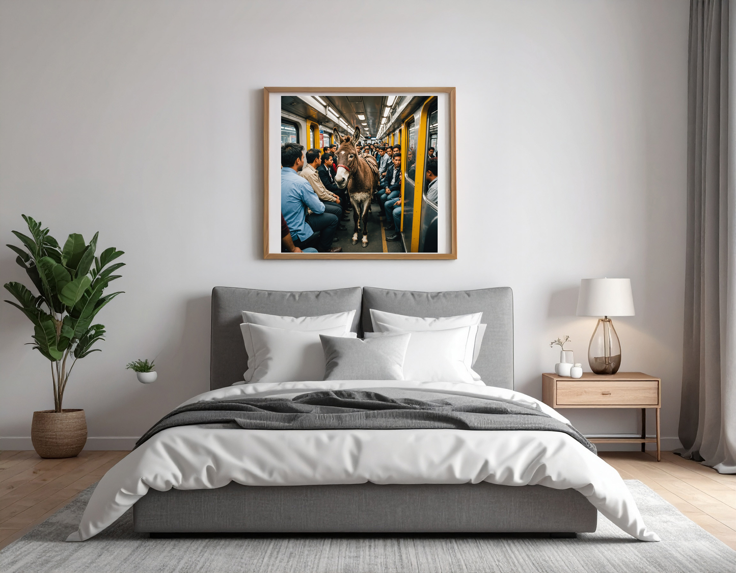 Donkey commuting to work in a train with other commuters