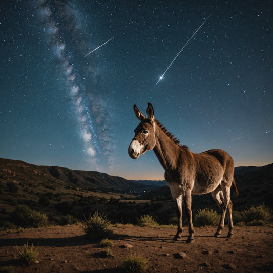 Donkey looking at the night sky full of Starts and a Shooting star