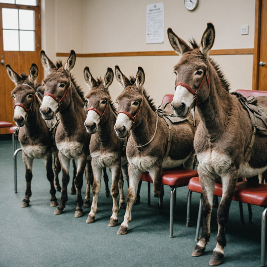 Donkey sitting with other donkeys in an administrative waiting room on chairs