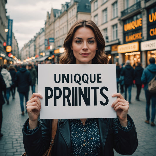 A woman holding a sign saying "unique prints!"