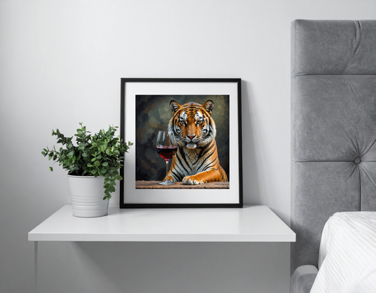 Tiger with glass of wine