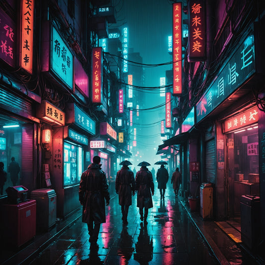 Neon-lit alley in a futuristic Asian megacity, cybernetic people walking through the rain, Blade Runner vibe