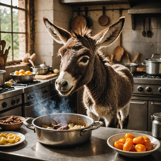 Baby donkey cooking in a kitchen