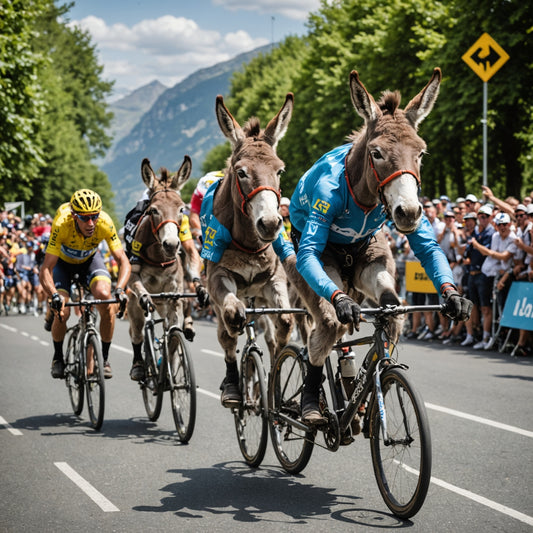 Donkeys racing on a bike in the tour de France