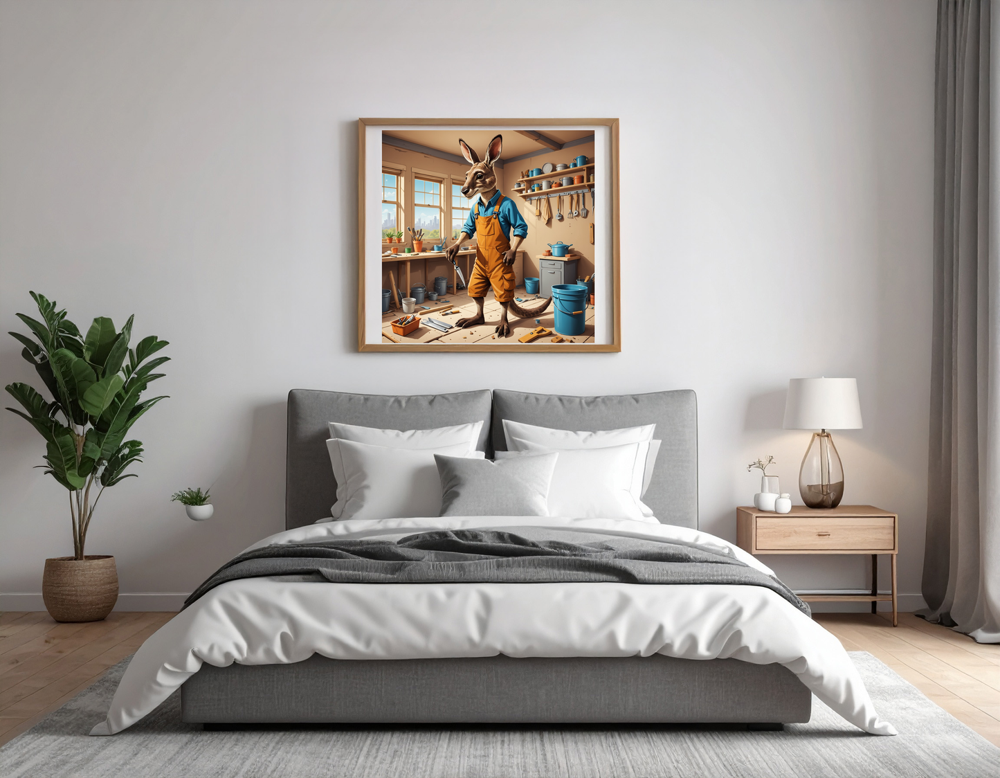 Kangaroo in working clothes doing renovations