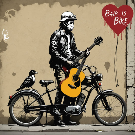 Banksy art with guitar and bike