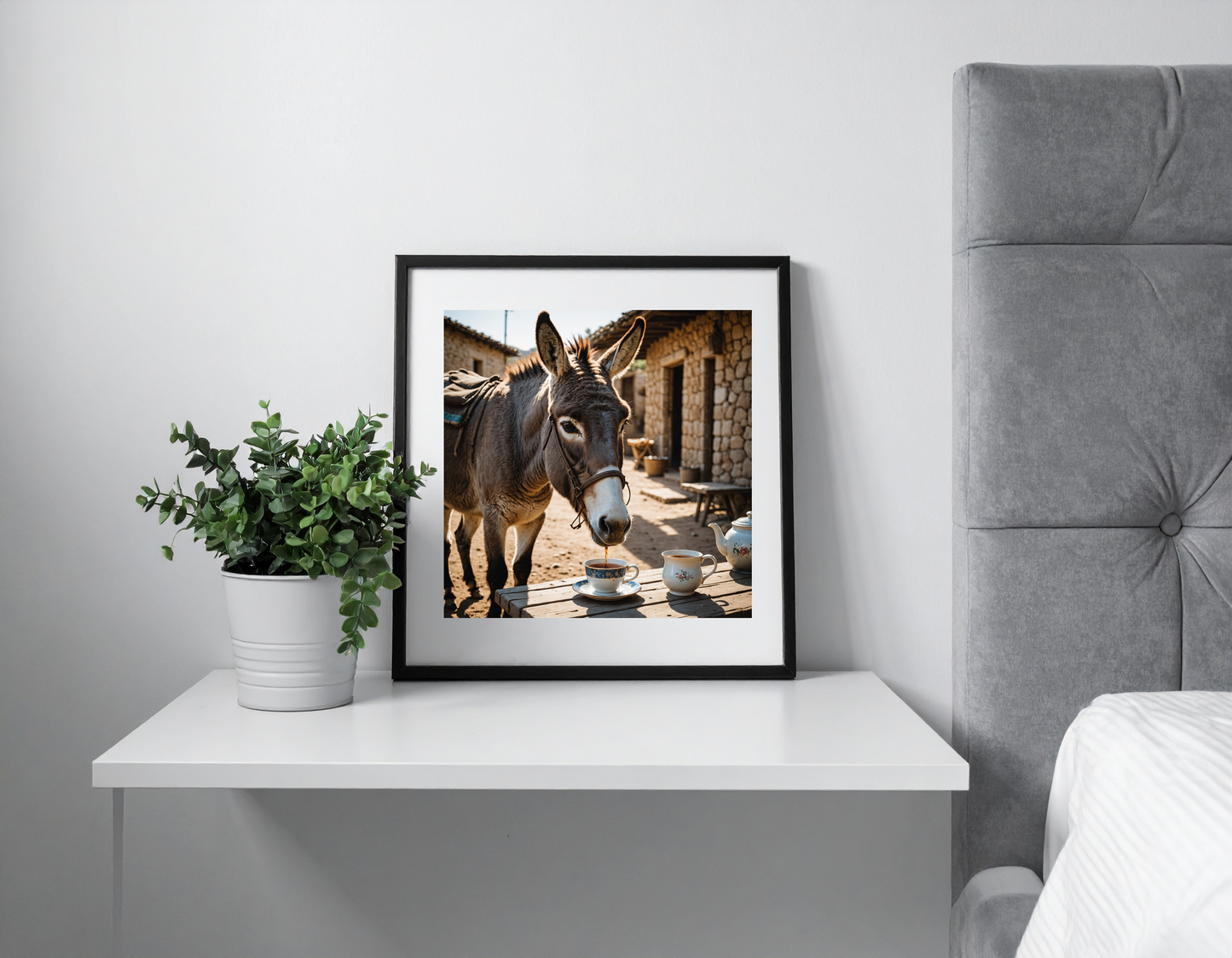 Donkey drinking tea