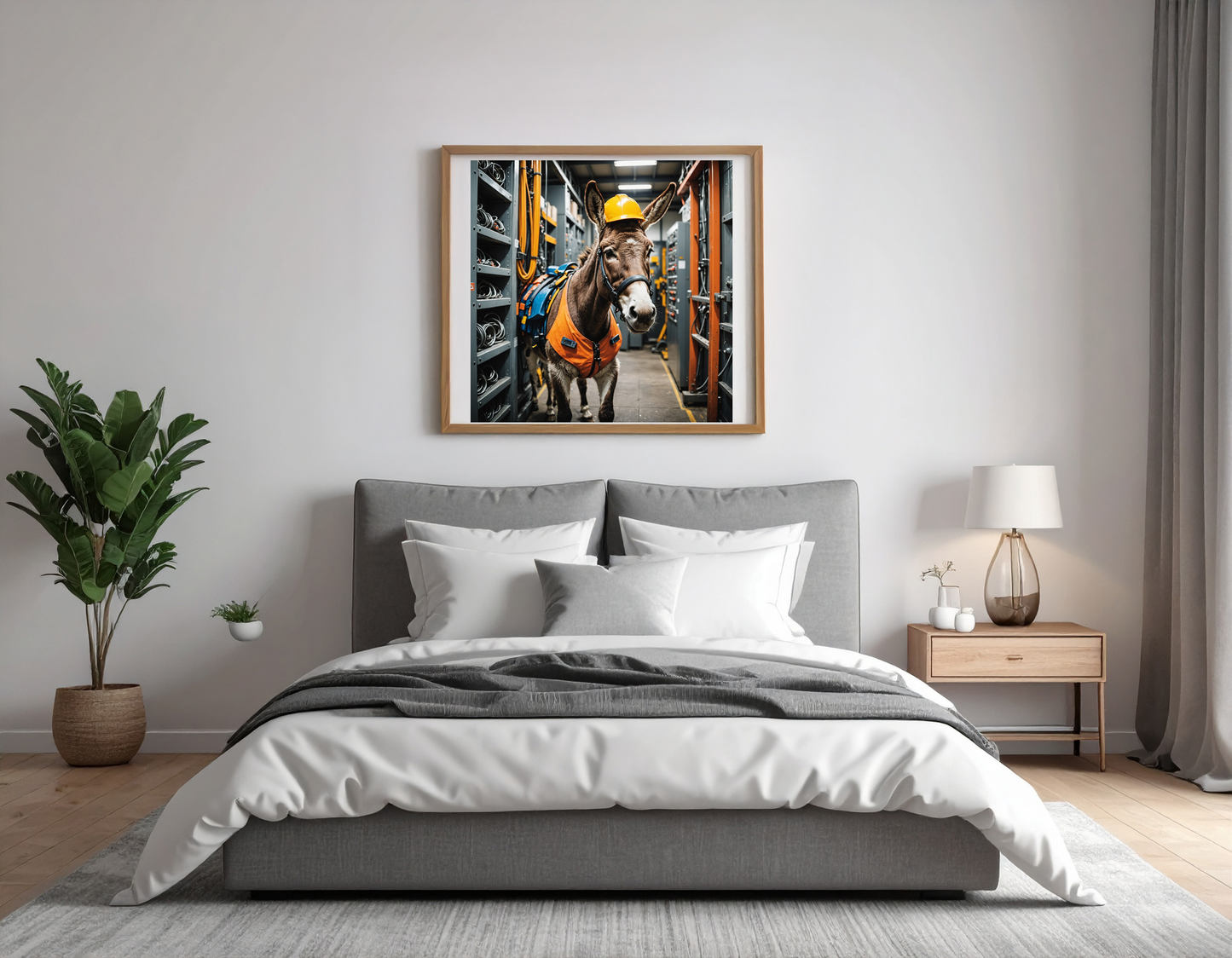 Cute donkey in safety climbing equipment working in a machine room