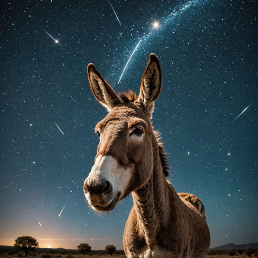 Donkey with its head facing the sky full of Starts and a Shooting star