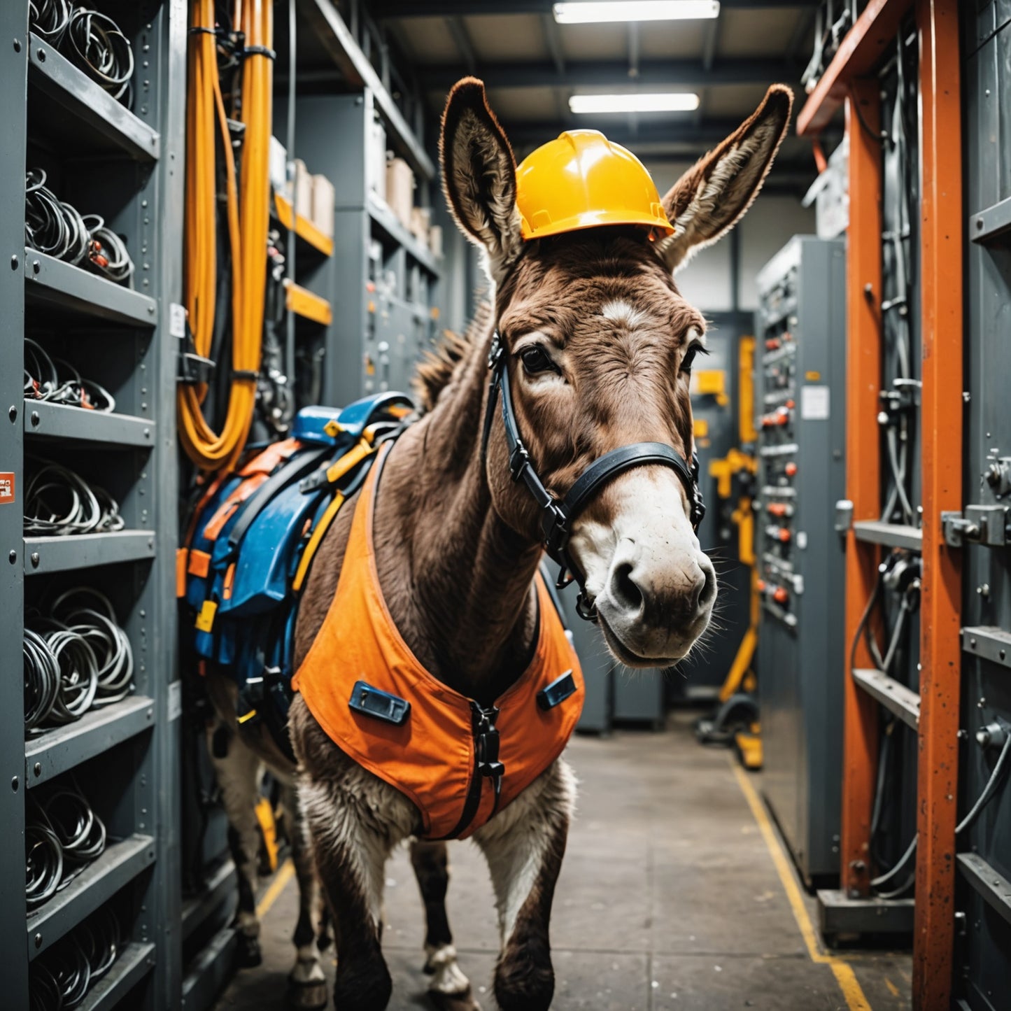 Cute donkey in safety climbing equipment working in a machine room