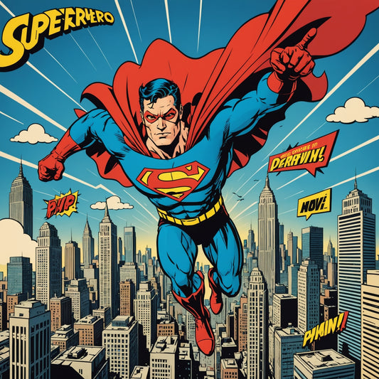 Superhero in pop art style flying above the city, comic text elements, bold design