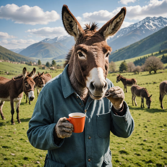 Donkey with a cup of tea in its hand