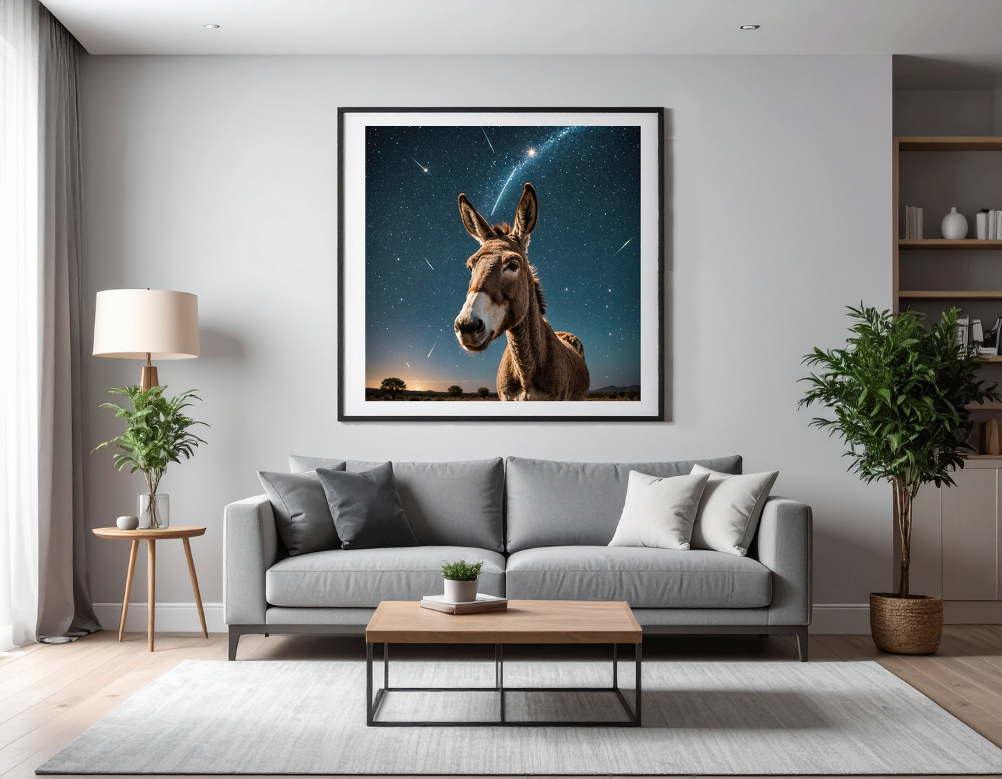 Donkey with its head facing the sky full of Starts and a Shooting star