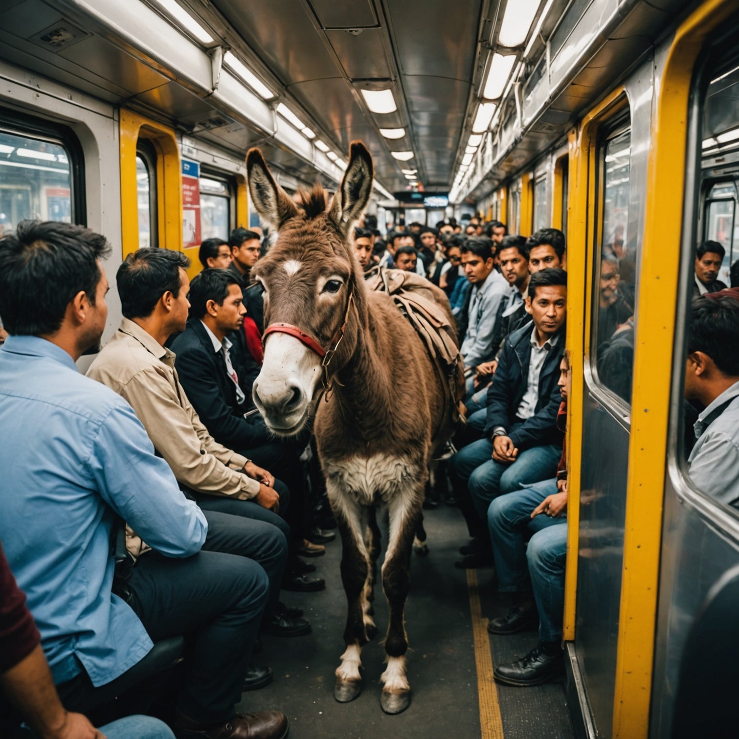 Donkey commuting to work in a train with other commuters