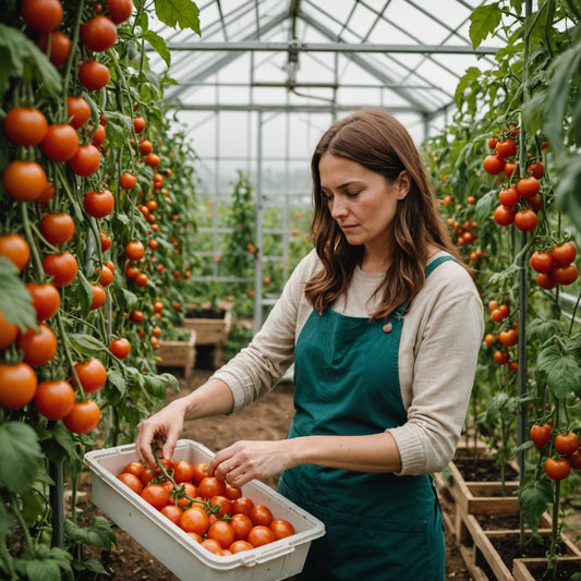 A woman with brown shoulder long hair harvesting tomatoes in a small greenhouse.