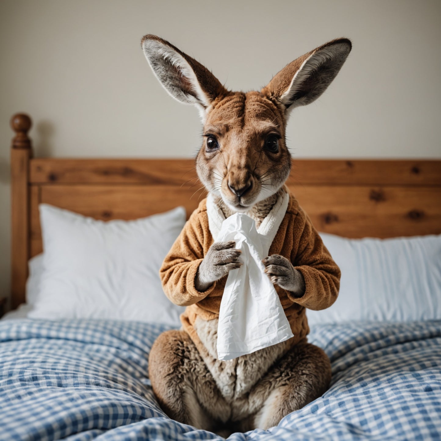 Kangaroo in pyjama in bed blowing its nose with a tissue