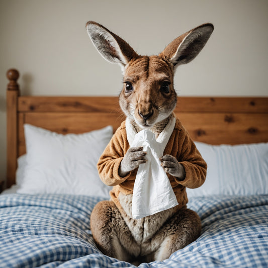 Kangaroo in pyjama in bed blowing its nose with a tissue
