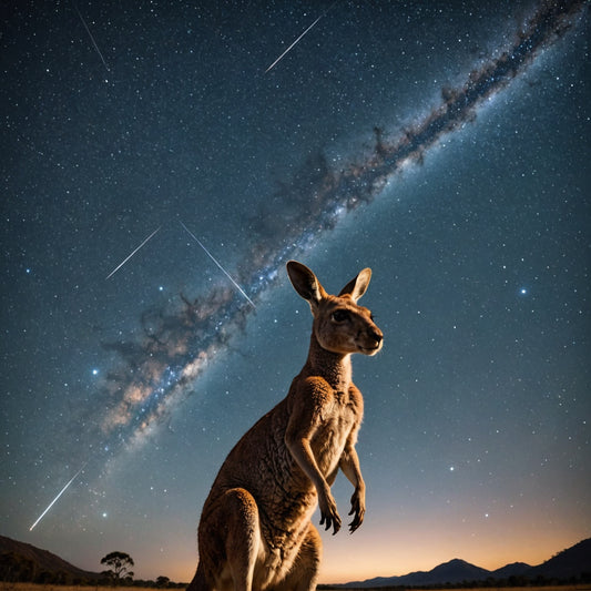 Kangaroo with its head facing the sky full of Stars and a Shooting star