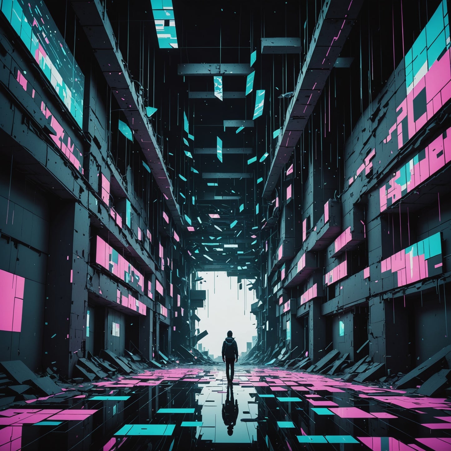 Glitched reality with floating data shards and digital ruins