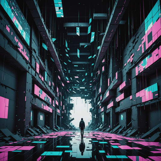 Glitched reality with floating data shards and digital ruins