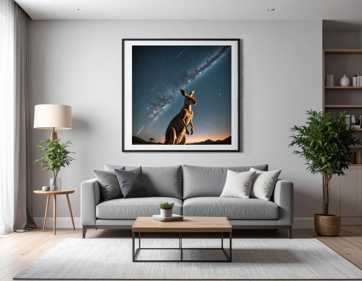 Kangaroo with its head facing the sky full of Stars and a Shooting star