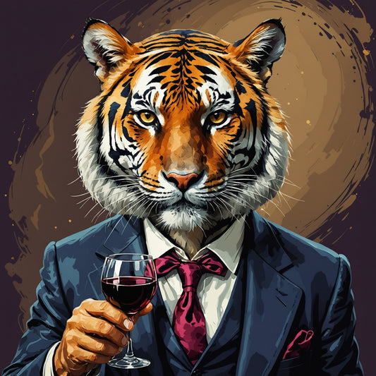 Fancy tiger with a glass of wine and a wink