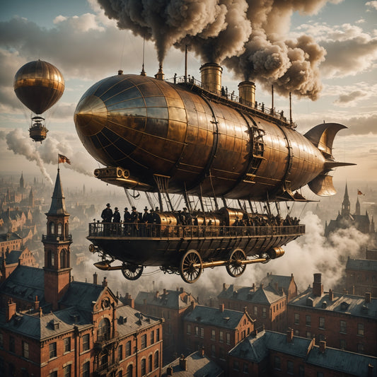 A Victorian-era airship floating above a foggy cityscape, brass gears and smokestacks everywhere, warm tones, steampunk style
