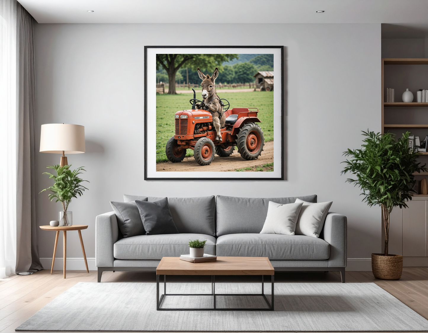 Baby donkey driving a tractor