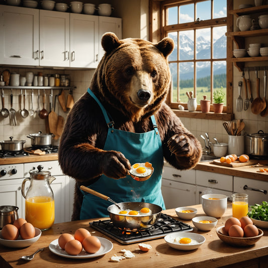 Bear cooking eggs in the kitchen