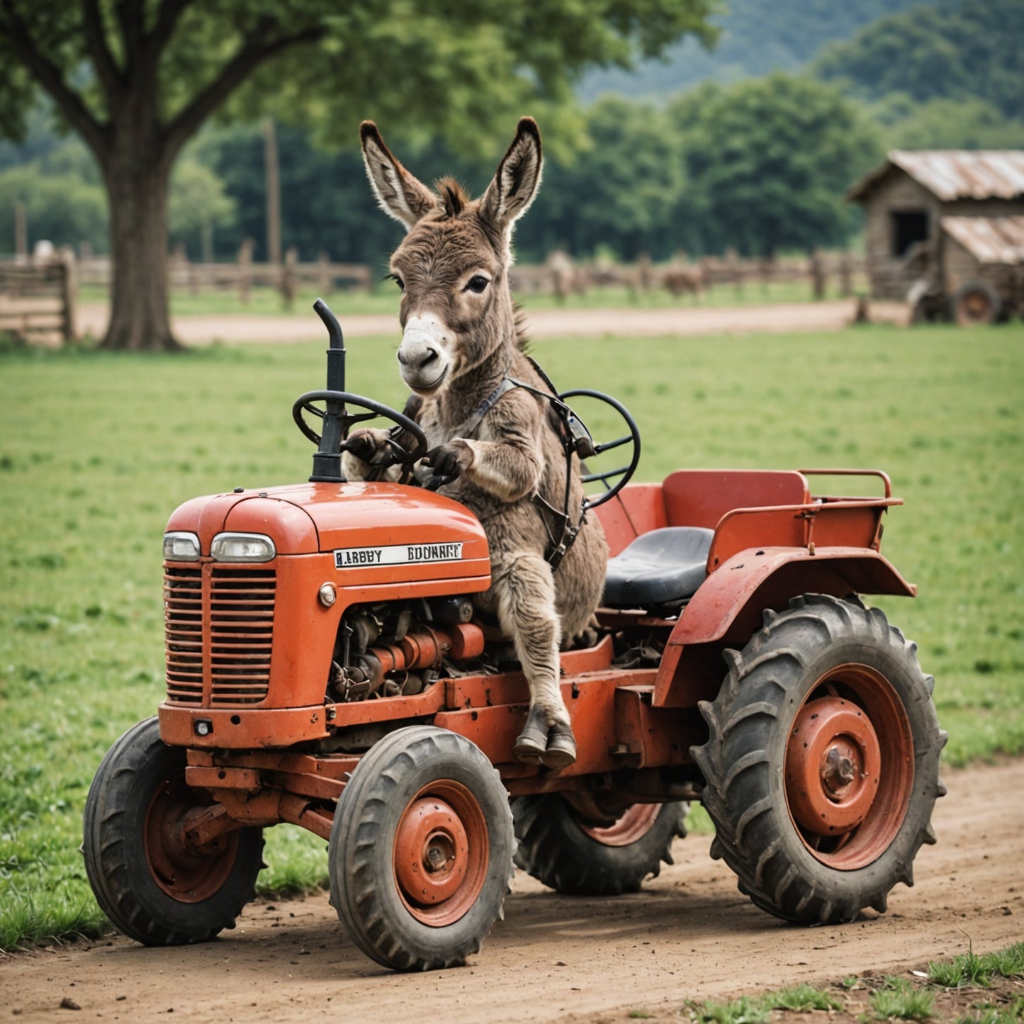 Baby donkey driving a tractor