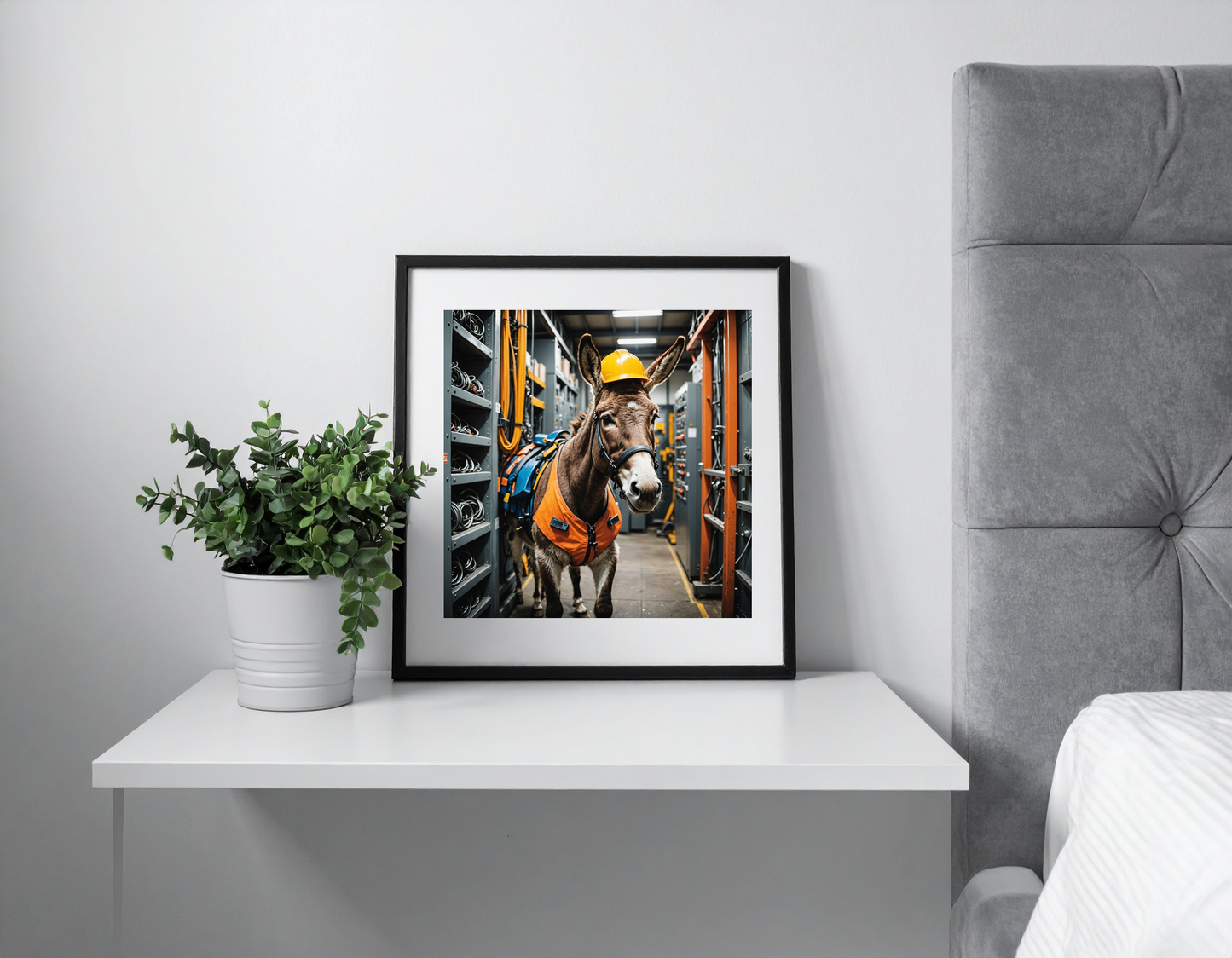 Cute donkey in safety climbing equipment working in a machine room