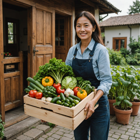A woman delivering a wooden box stuffed with vegetables to a home